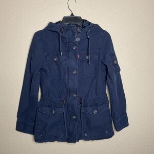 Levi‎ Strauss Womens XS Navy Blue Utility Military Hooded Cotton Jacket